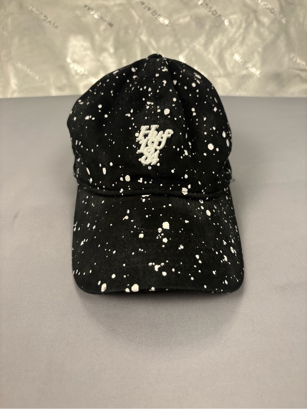 HUF Black Splatter Logo Cap with White Embroidery